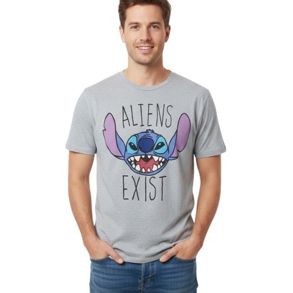 Disney Stitch Aliens Exist Shirt Mens XL Gray Graphic Tee Lilo & Stitch Casual